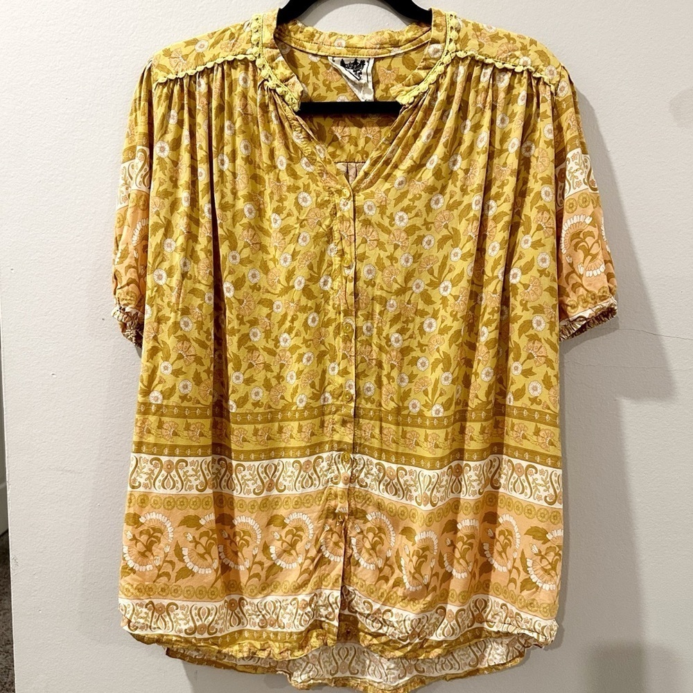Jaase Boho Cottagecore Chartreusse Yellow Top Button Down Size Small